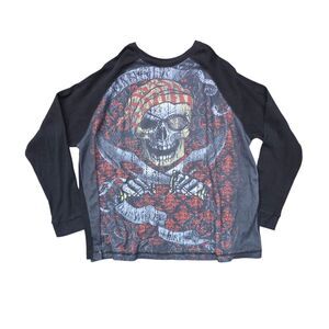 Skully Brand Mens XXL Pirate Skull Graphic Thermal Shirt Black Waffle Knit